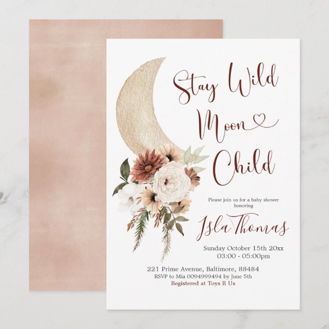 Elegant Beige Boho Moon Baby Shower Invitation (Front/Back)