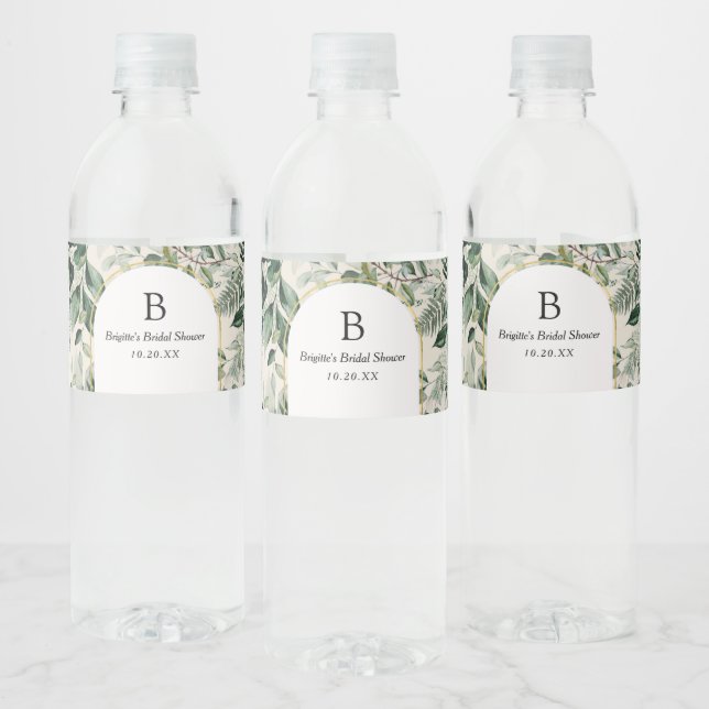 Elegant Beige Botanical Greenery Bridal Shower Water Bottle Label (Bottles)