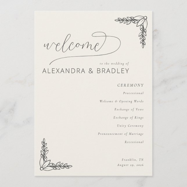 Elegant Beige Botanical Wedding Ceremony Schedule Programme (Front)