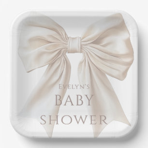 Elegant Beige Bow Gender Neutral Baby Shower Paper Plate