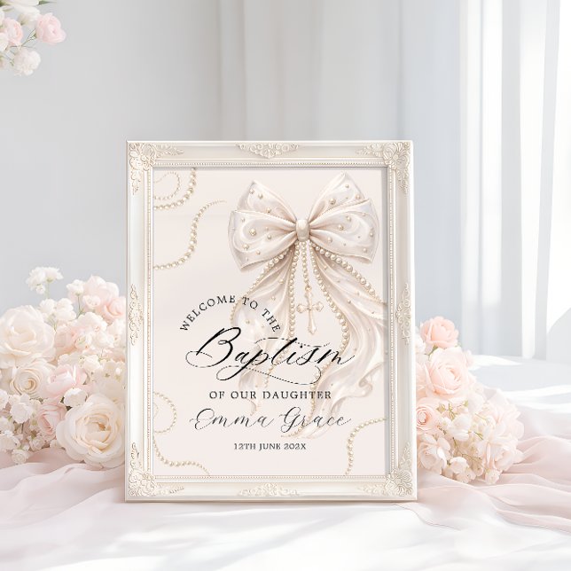 Elegant Beige Bow with Pearl Baptism Welcome Poster (Creator Uploaded)