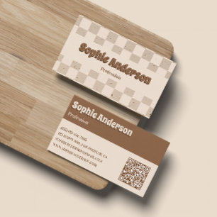 Elegant Beige & Brown Chequerboard with QR Code Business Card