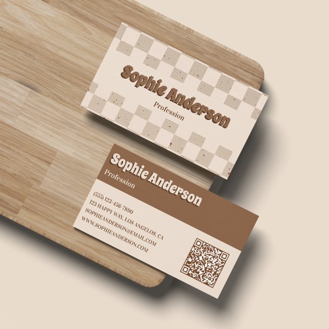 Elegant Beige & Brown Chequerboard with QR Code Business Card (Creator Uploaded)