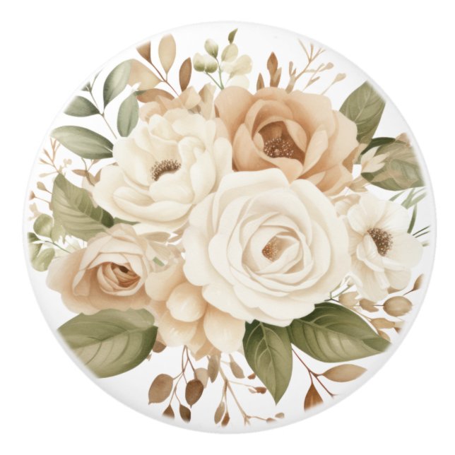 Elegant Beige Brown Flowers Floral Ceramic Knob (Front)