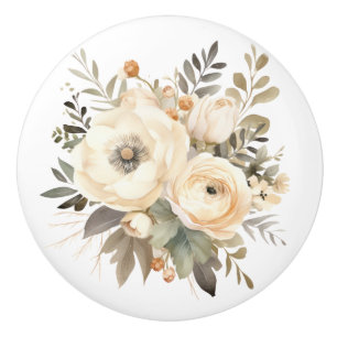 Elegant Beige Brown Flowers Floral Ceramic Knob