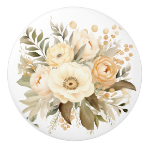Elegant Beige Brown Flowers Floral Ceramic Knob