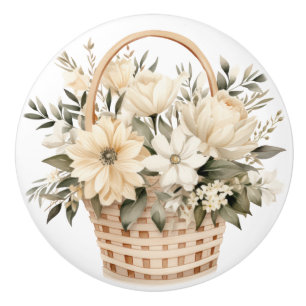 Elegant Beige Brown Flowers Floral Ceramic Knob