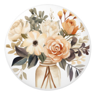 Elegant Beige Brown Flowers Floral Ceramic Knob