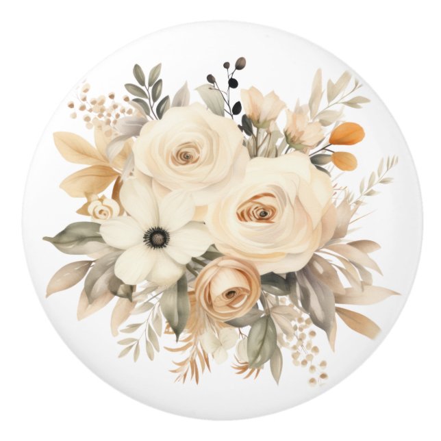 Elegant Beige Brown Flowers Floral Ceramic Knob (Front)