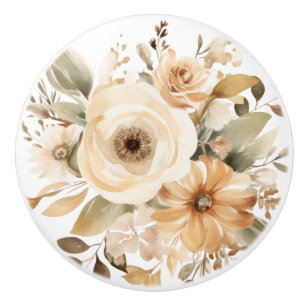 Elegant Beige Brown Flowers Floral Ceramic Knob