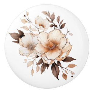 Elegant Beige Brown Flowers Floral Ceramic Knob