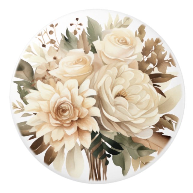 Elegant Beige Brown Flowers Floral Ceramic Knob (Front)
