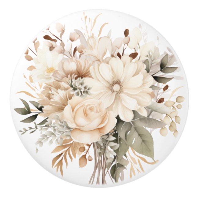 Elegant Beige Brown Flowers Floral Ceramic Knob (Front)