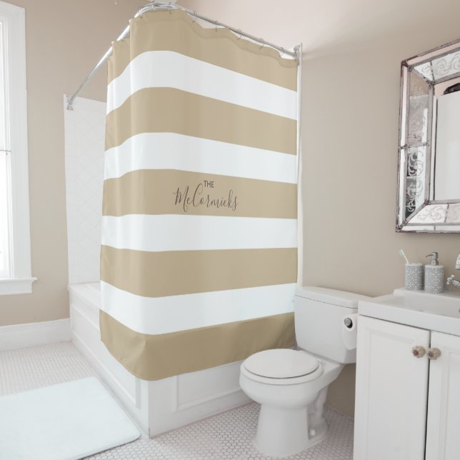 Elegant Beige Brown Hand Lettering Family Name Shower Curtain (In Situ)