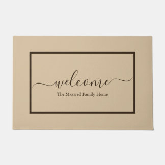 Elegant beige brown script family name welcome doormat