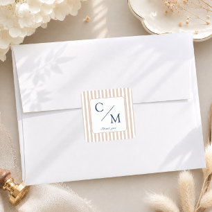 Elegant Beige Brown Stripes Monogram Wedding  Square Sticker