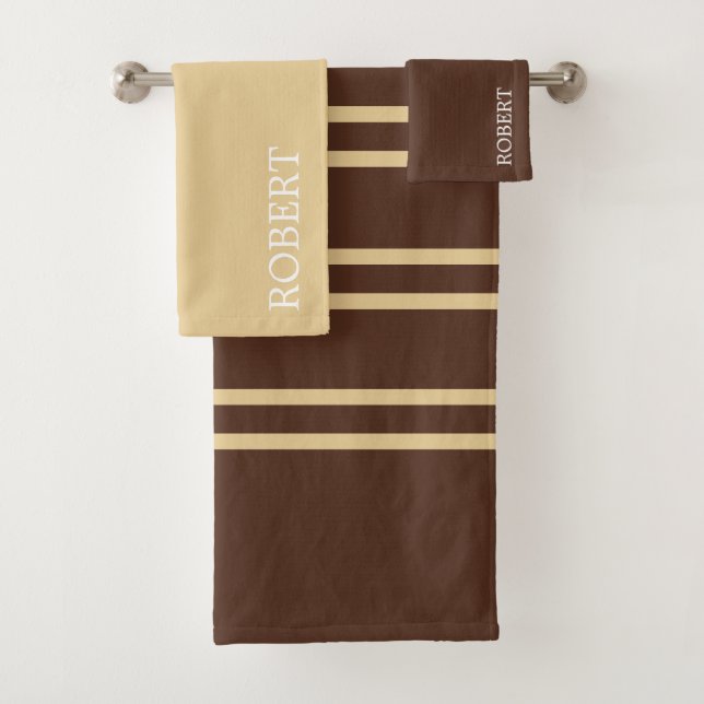 Elegant Beige &Brown Stripes Pattern Custom Name Bath Towel Set (Insitu)
