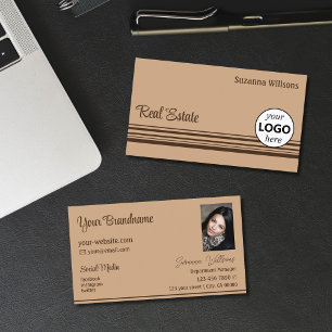 Elegant Beige Brown Stripes with Logo and Photo Business Card