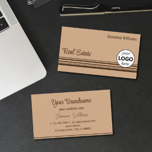 Elegant Beige Brown Stripes with Logo Professional Business Card