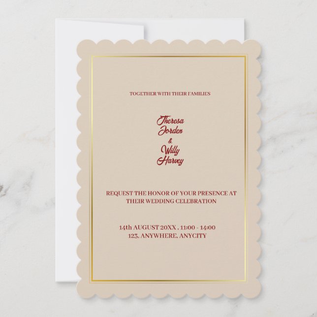 Elegant Beige & Burgundy Floral Wedding Invitation (Front)