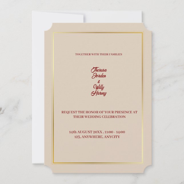 Elegant Beige & Burgundy Floral Wedding Invitation (Front)