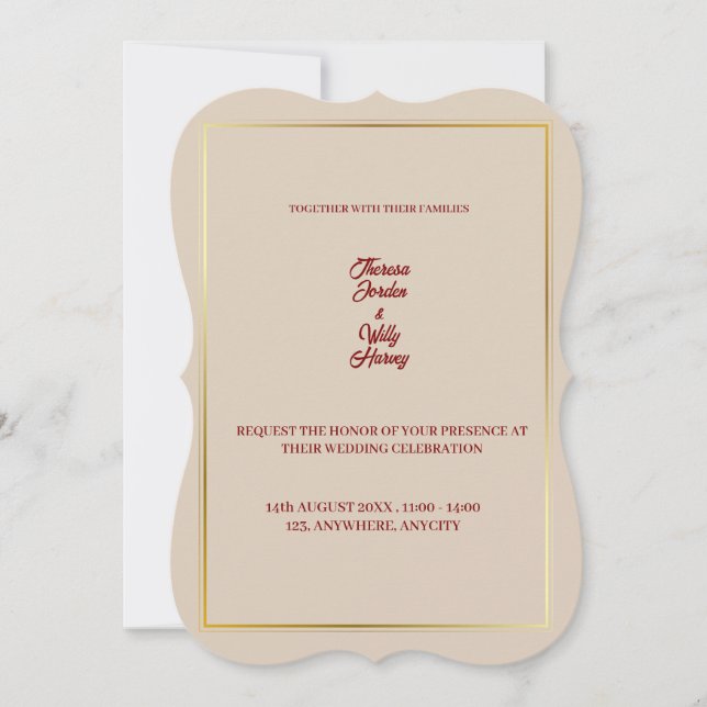 Elegant Beige & Burgundy Floral Wedding Invitation (Front)