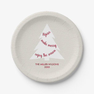 Elegant Beige Burgundy Tree Name Christmas Party Paper Plate