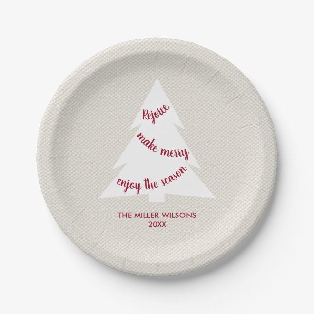 Elegant Beige Burgundy Tree Name Christmas Party Paper Plate (Front)