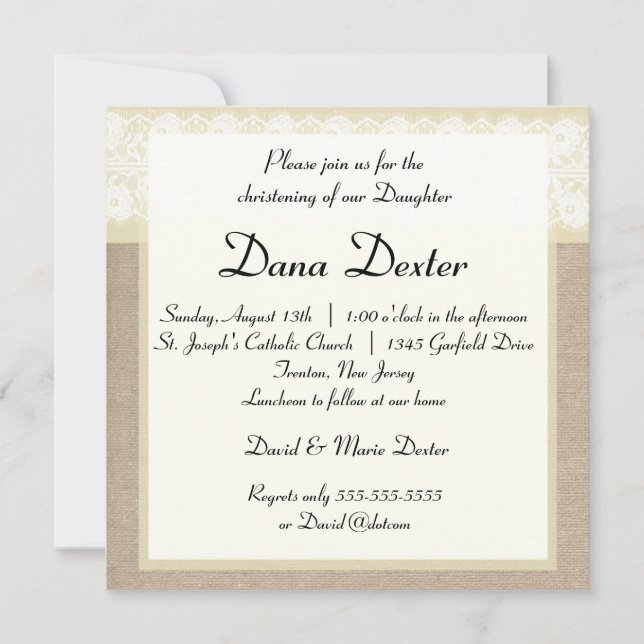 Elegant Beige Burlap Lace Baptism Invitation (Front)