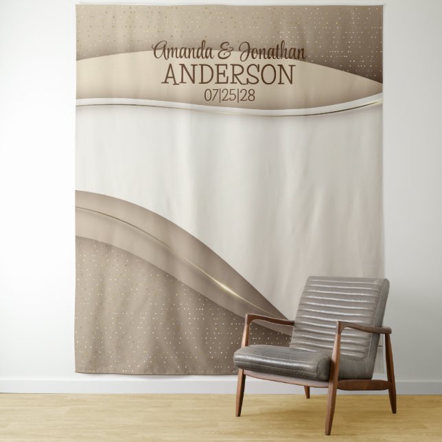 Elegant Beige Champagne Gold Wave Wedding Backdrop Tapestry (In Situ)