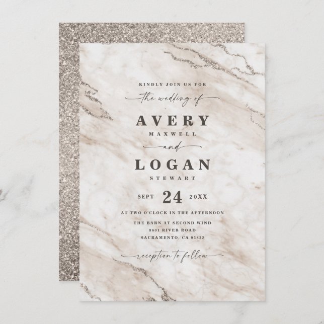 Elegant Beige Champagne Marble & Glitter Wedding Invitation (Front/Back)