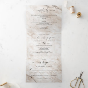 Elegant Beige Champagne Metallic Marble Wedding Tri-Fold Invitation