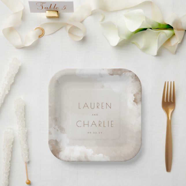 Elegant Beige Cloud Watercolor Paper Plate (Wedding)