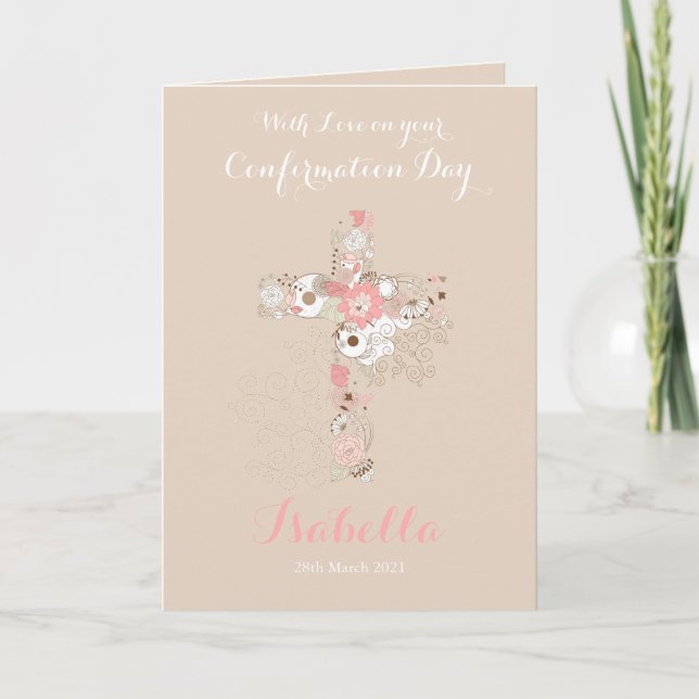 Elegant beige confirmation floral cross name card (Front)
