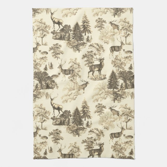 Elegant Beige Country Toile Deer in Woodland Tea Towel (Vertical)