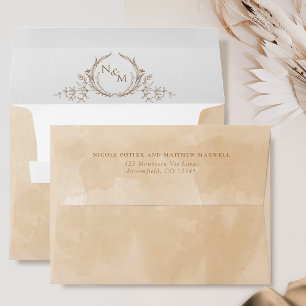 Elegant Beige Cream Watercolor Monogram Wedding Envelope