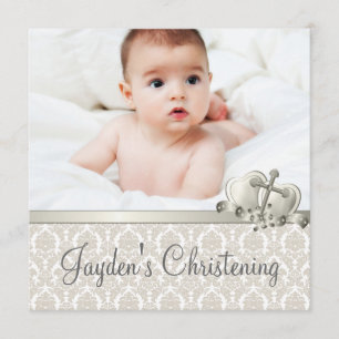 Elegant Beige Damask Boys Photo Christening Invitation