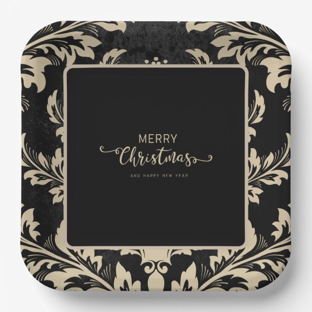 Elegant beige damask Christmas custom Paper Plates (Front)