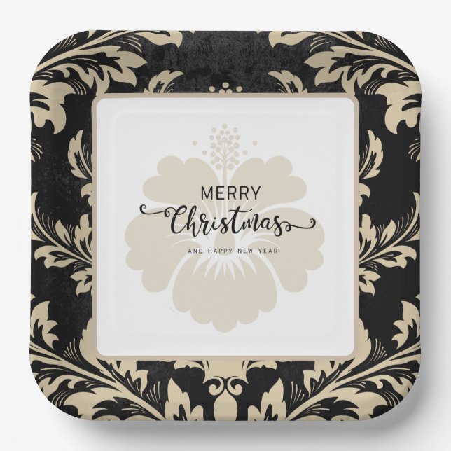 Elegant beige damask Christmas custom Paper Plates (Front)