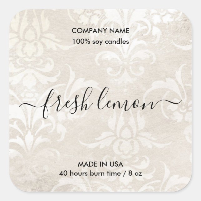 elegant beige damask rustic candle product label (Front)