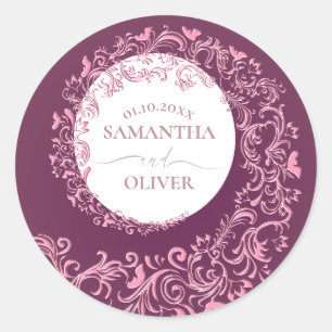 Elegant Beige Damask Wedding Classic Round Sticker
