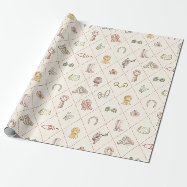 Elegant Beige Equestrian Diamond Pattern Wrapping Paper (Unrolled)