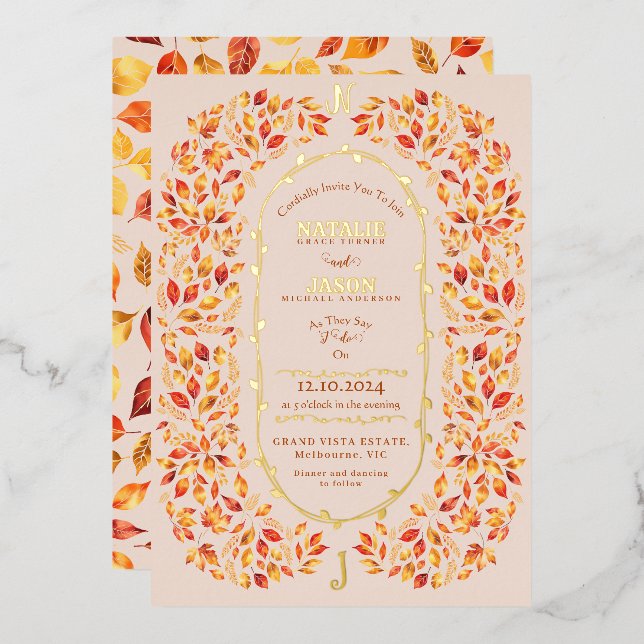 Elegant Beige Fall Leaves Rustic Boho Wedding (Front/Back)