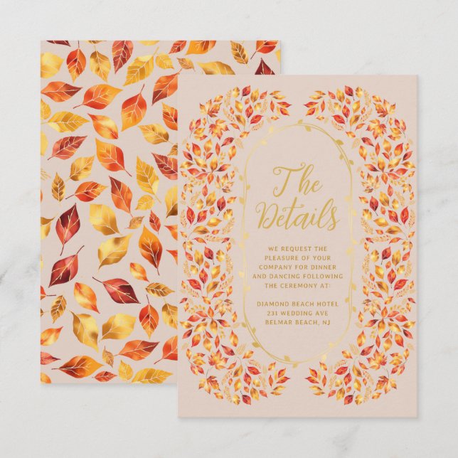 Elegant Beige Fall Rustic Leaves Wedding Details  Enclosure Card (Front/Back)