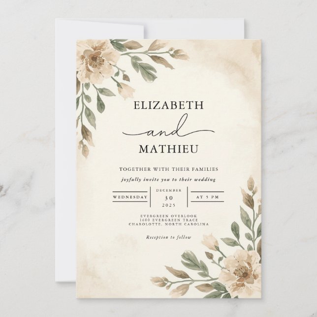 Elegant Beige Floral Botanical Wedding Invitation (Front)