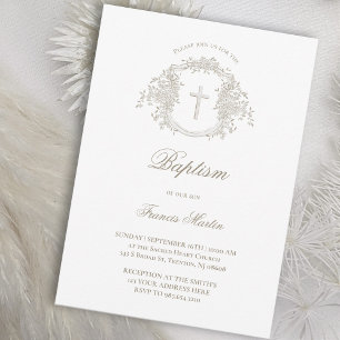 elegant beige floral crest   Baptism Invitation