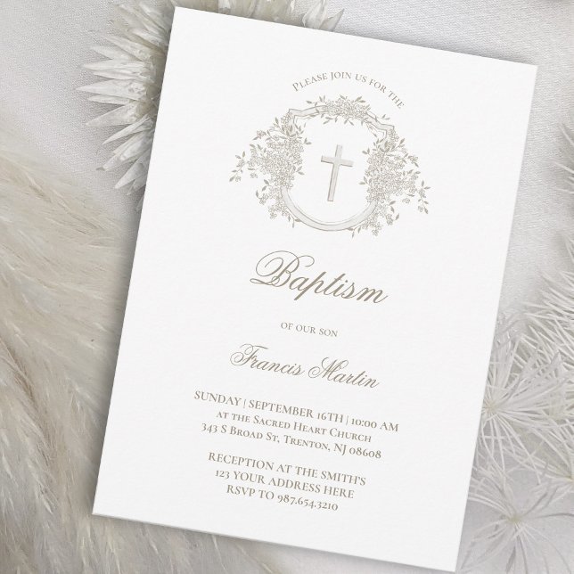 elegant beige floral crest | Baptism Invitation (Creator Uploaded)