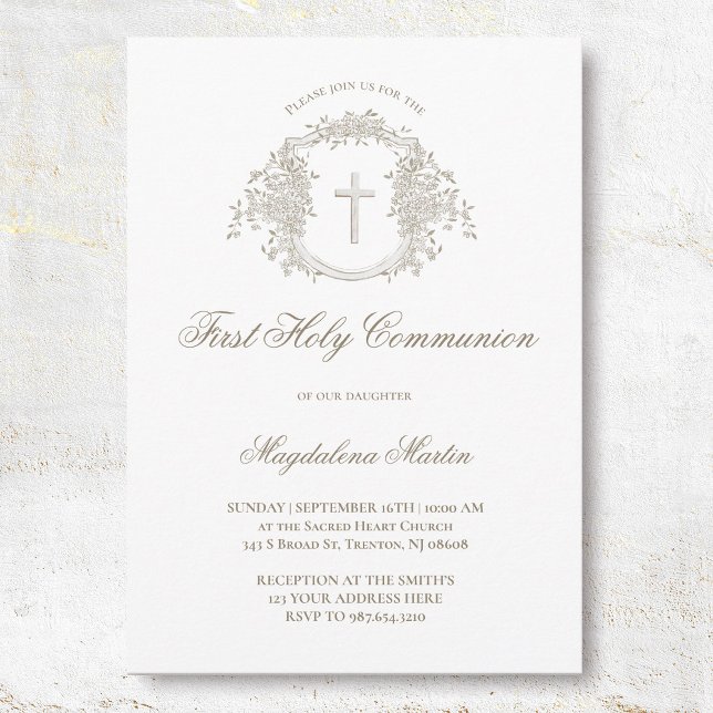 elegant beige floral crest | First Holy Communion Invitation (Creator Uploaded)
