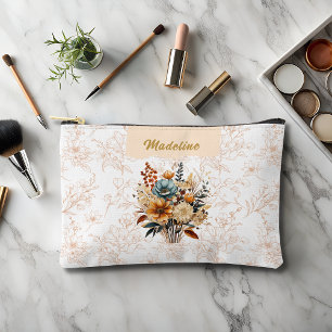 Elegant Beige Floral Name Accessory Pouch