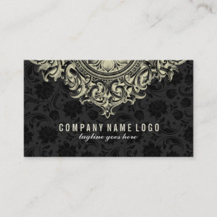 Elegant Beige Floral Ornament Black Background Business Card